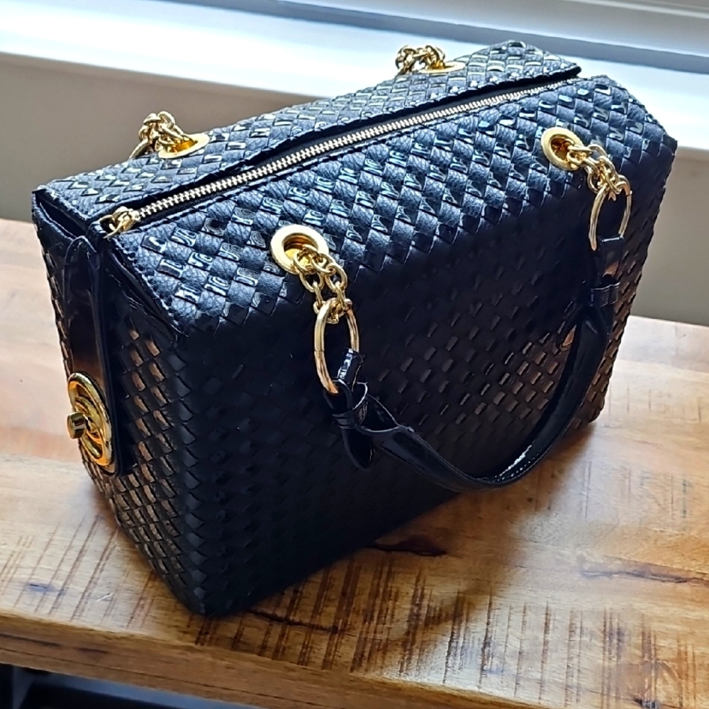 Chic Black Woven Satchel with Gold Details